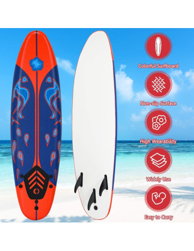 Tabla de Surf Giantex 182 cm 3 Aletas Desmontables Rojo