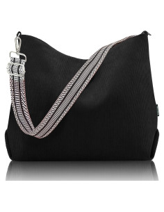 Bolso Tote Prite de Pana Negro con Cremallera y Correa Ajustable