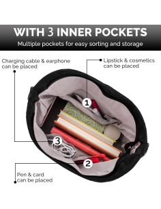 Bolso Tote Prite de Pana Negro con Cremallera y Correa Ajustable 2