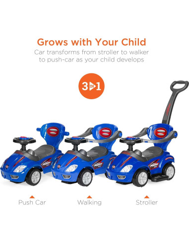 Coche 3-en-1 para Niños Mejor Opción Azul - Andador y Empuje