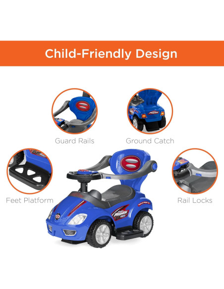 Coche 3-en-1 para Niños Mejor Opción Azul - Andador y Empuje