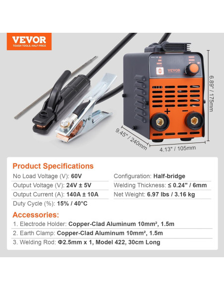 VEVOR Soldador de Varilla 140A Portátil 2 en 1 MMA/TIG