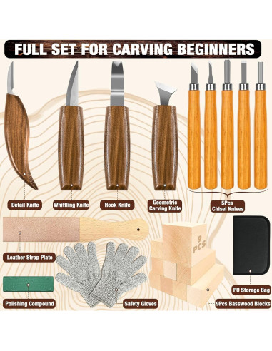 Kit de Tallado en Madera K KERNOWO 23 Piezas con Guantes