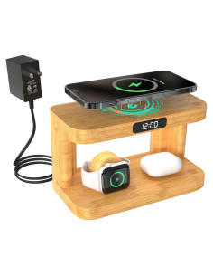 Estación de Carga Inalámbrica 5 en 1 de Bambú con Luz y Reloj