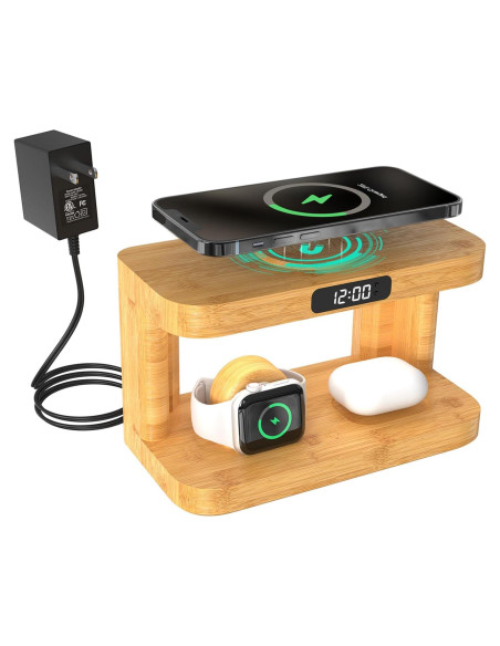Estación de Carga Inalámbrica 5 en 1 de Bambú con Luz y Reloj