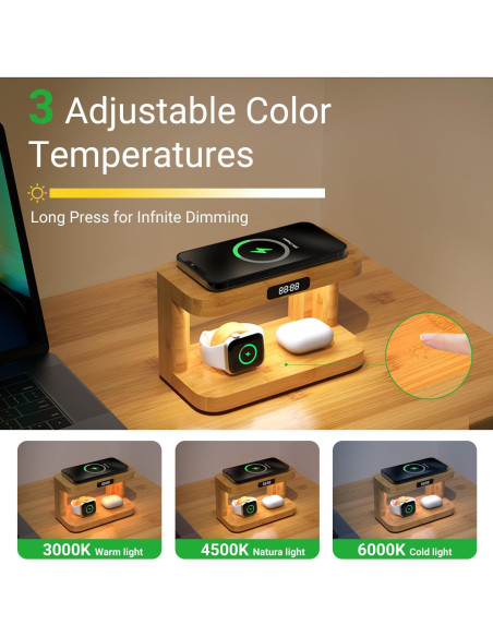 Estación de Carga Inalámbrica 5 en 1 de Bambú con Luz y Reloj