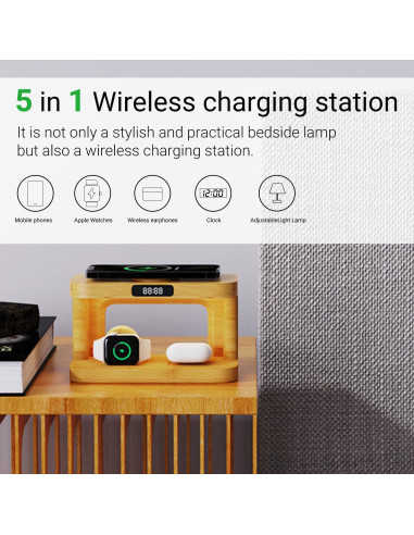Estación de Carga Inalámbrica 5 en 1 de Bambú con Luz y Reloj