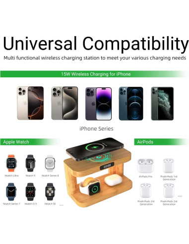 Estación de Carga Inalámbrica 5 en 1 de Bambú con Luz y Reloj