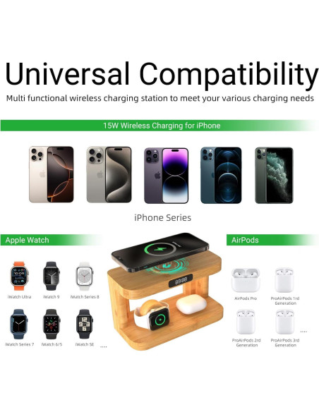 Estación de Carga Inalámbrica 5 en 1 de Bambú con Luz y Reloj