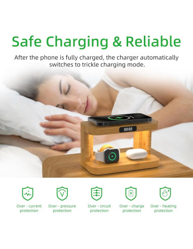 Estación de Carga Inalámbrica 5 en 1 de Bambú con Luz y Reloj