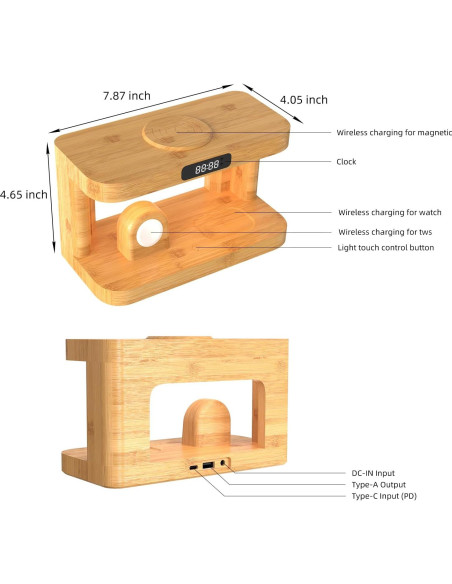 Estación de Carga Inalámbrica 5 en 1 de Bambú con Luz y Reloj