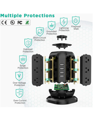 Torre Regletas AiJoy 12 Salidas AC 4 USB Carga Rápida