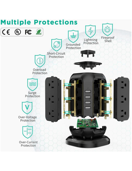 Torre Regletas AiJoy 12 Salidas AC 4 USB Carga Rápida
