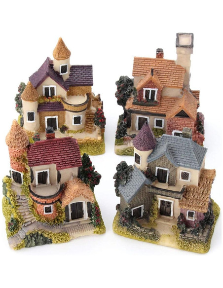 HAPYLY 4PCS Casa Miniatura Jardín Resina Decoración Hogar