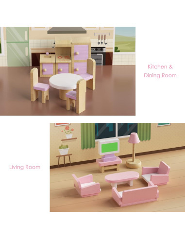 Juego de Muebles de Casa de Muñecas de Madera 22 Piezas