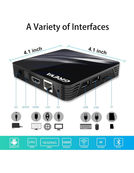 GREVA Android TV Box 11.0 4K 2GB RAM 16GB ROM WiFi Dual