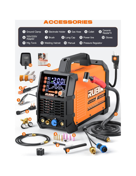Soldador TIG RUBIK ACDC 200A 6 en 1 Pantalla LCD