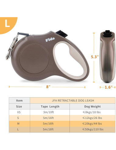 Correa Retráctil Fida para Perros 4.88m Grande Café