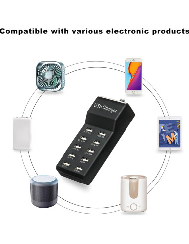 Cargador USB 50W Dongguan 10 Puertos Inteligentes Negro