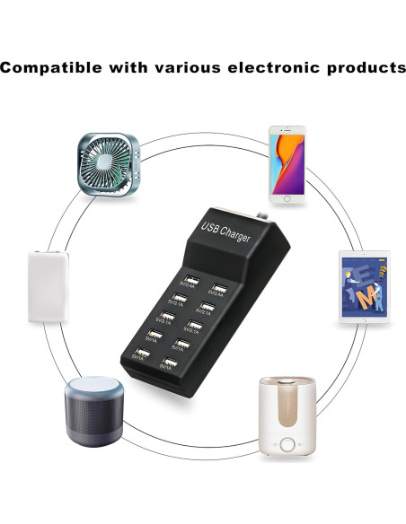 Cargador USB 50W Dongguan 10 Puertos Inteligentes Negro