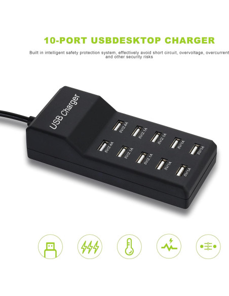 Cargador USB 50W Dongguan 10 Puertos Inteligentes Negro