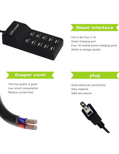 Cargador USB 50W Dongguan 10 Puertos Inteligentes Negro