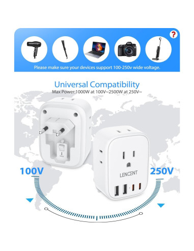Adaptador de Enchufe de Viaje LENCENT Tipo C 8 en 1