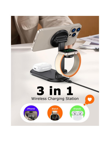 Estación de Carga Inalámbrica Mag-Safe 3 en 1 15W Negro