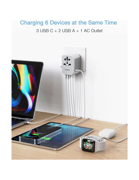 Adaptador de Viaje Universal TESSAN 5.6A 3 USB C 2 USB A Adaptador de Viaje Universal TESSAN 5.6A 3 USB C 2 USB A