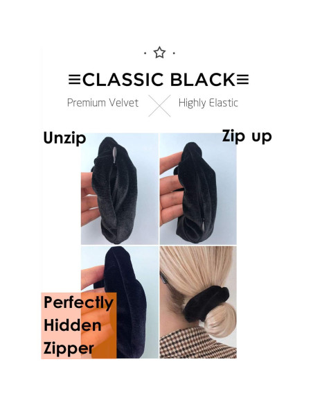 Scrunchies con Zipper SUNEBOIZ 3PCS Terciopelo Negro