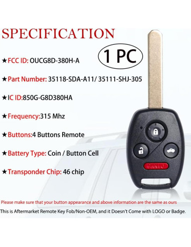 Llave remota MechanMagic para Honda Accord 2003-2007