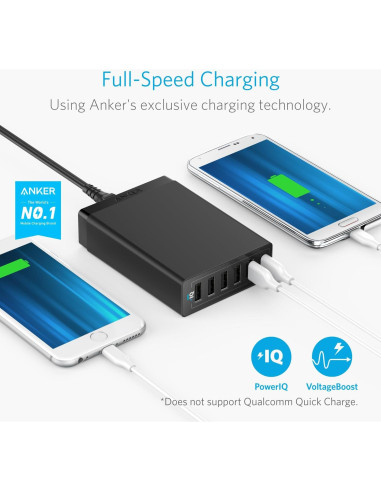 Cargador Anker PowerPort 6, 60W, 6 Puertos USB, Negro