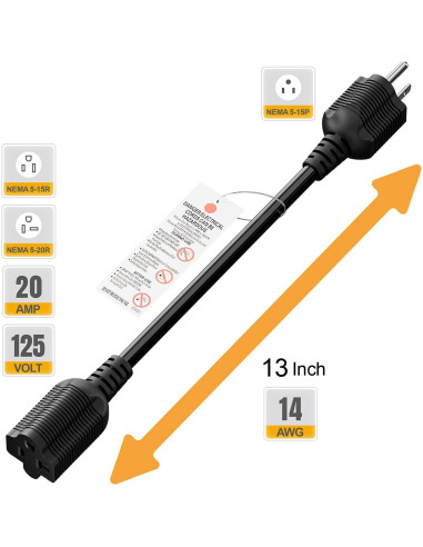 Adaptador de Enchufe AC 15A a 20A Plugrand 32cm Negro