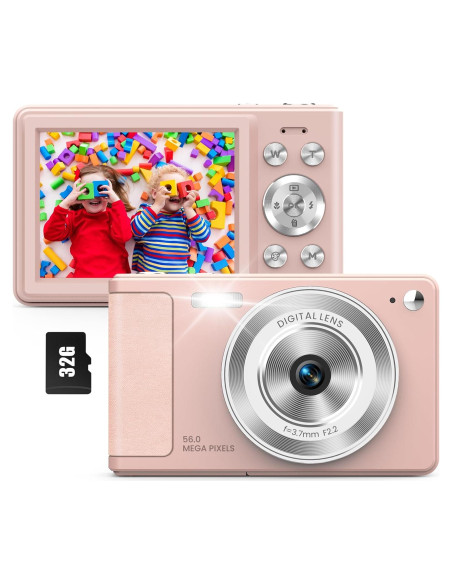 Cámara Digital WONNIE 56MP Rosa con Zoom 16x y 32GB