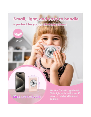 Cámara Digital WONNIE 56MP Rosa con Zoom 16x y 32GB