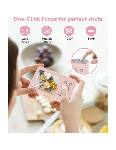 Cámara Digital WONNIE 56MP Rosa con Zoom 16x y 32GB