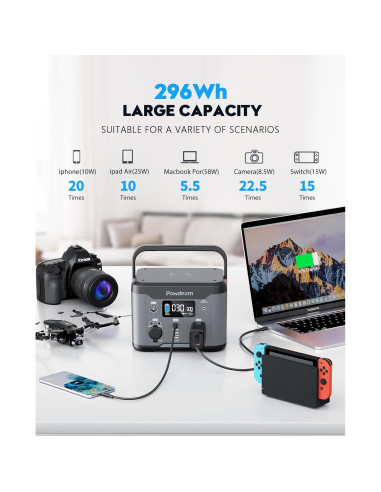Estación de Energía Portátil Powdeom 300W 296Wh Cargador Solar