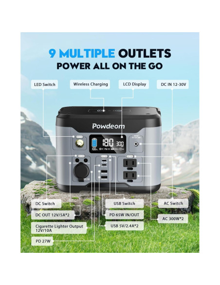 Estación de Energía Portátil Powdeom 300W 296Wh Cargador Solar