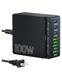Cargador USB C 100W 6 Puertos GaN Adaptador de Pared