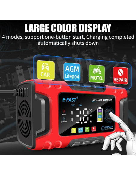 Cargador E-FAST TK600 10A 12V/24V Inteligente Portátil Cargador E-FAST TK600 10A 12V/24V Inteligente Portátil