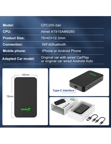 Adaptador Carlinkit 5.0 Inalámbrico para Android Auto y CarPlay