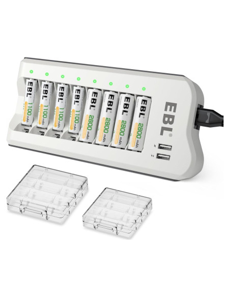 Cargador Inteligente EBL + 4 Baterías AA 2800mAh + 4 AAA