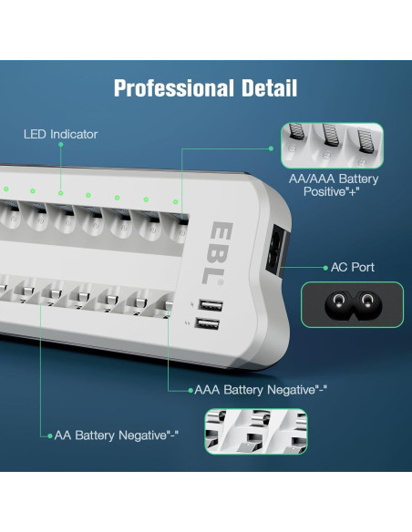 Cargador Inteligente EBL + 4 Baterías AA 2800mAh + 4 AAA
