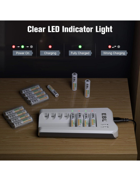 Cargador Inteligente EBL + 4 Baterías AA 2800mAh + 4 AAA