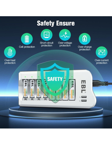 Cargador Inteligente EBL + 4 Baterías AA 2800mAh + 4 AAA
