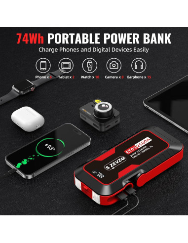 Arrancador de Coche S ZEVZO ET03 2500A 12V con Luz LED