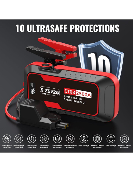 Arrancador de Coche S ZEVZO ET03 2500A 12V con Luz LED