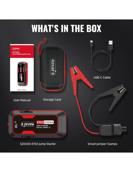 Arrancador de Coche S ZEVZO ET03 2500A 12V con Luz LED