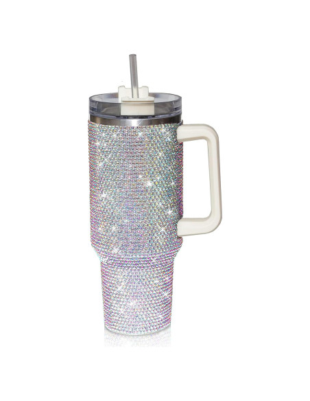 Taza Aislada 1200ml CuteOlivia con Strass y Asa Blanca