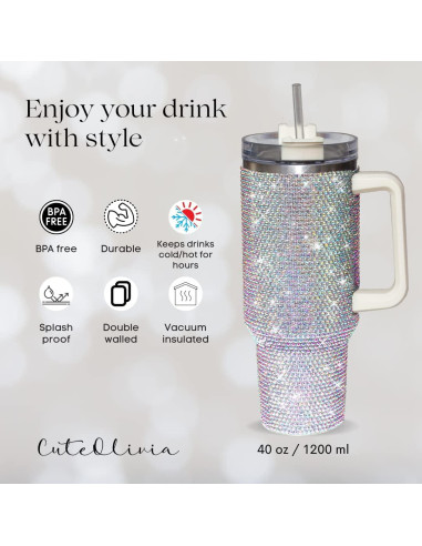 Taza Aislada 1200ml CuteOlivia con Strass y Asa Blanca